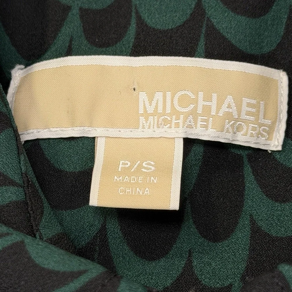 Michael Kors Green Leopard Print zip front blouse top gold locket zip Small